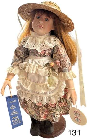AMANDA BISQUE DOLL ARTIST FREIDA (WILFRED) SHIPMAN RED HAIR FRECKLES 1993 - SIGNED AND NUMBERED 385/1500 - PORCELAIN ON WOODEN STAND, APP. 24 INCHES, WITH ORIGINAL TAG PLUS BLUE RIBBON WITH ALL HER INFO image