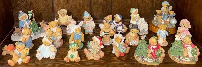 APPROXIMATELY 20 CHERISHED TEDDY FIGURES: 2 'A HANDMADE HOLIDAY WISH' FIGURINES, 'ANYTHING IS POSSIBLE WHEN YOU WISH ON A STAR' WITH WOODEN STAND, 'FEEL THE PEACE, HOLD THE JOY, SHARE THE LOVE', 'YOU ARE SOME BUNNY SPECIAL', '"BEE" MY FRIEND', ETC. image