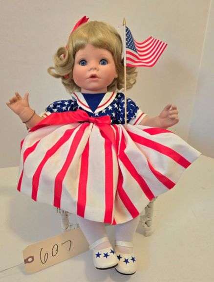 DANBURY MINT PORCELAIN DOLL 16" SITTING W/ WICKER CHAIR "STAR SPANGLED SWEETHEART" image