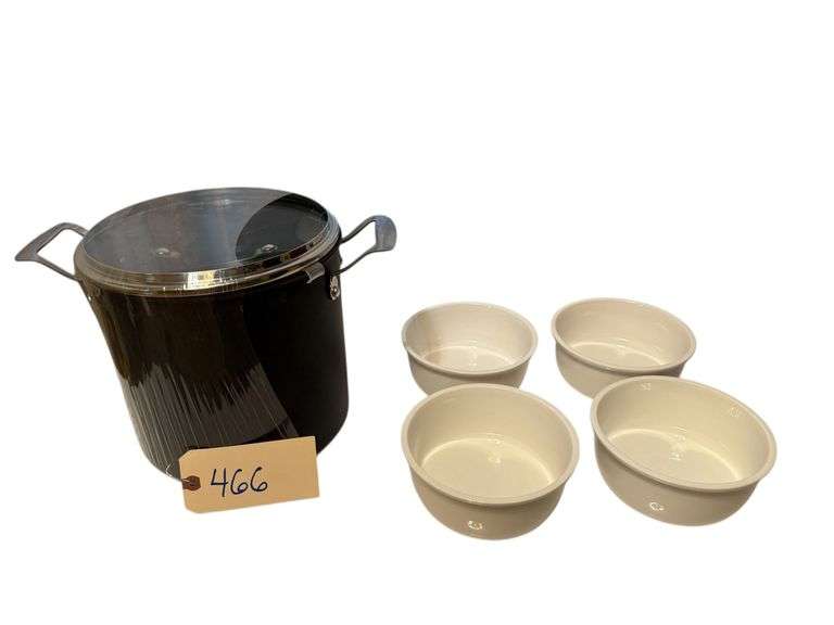 EMERIL 8 QT STOCK POT - NOT USED, 4 LOCK AND LOCK 760 ML WHITE SOUP BOWLS image