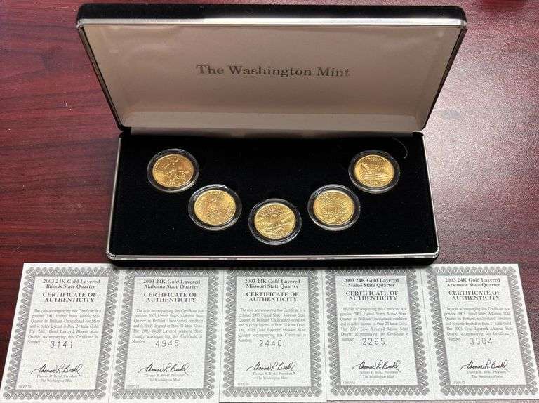 2003 STATE QUARTERS LAYERED IN 24K GOLD BY THE WASHINGTON MINT - ILLINOIS, ALABAMA, MISSOURI, MAINE, ARKANSAS - WITH 5 COAS - COMES IN A BLACK VELVET CASE image