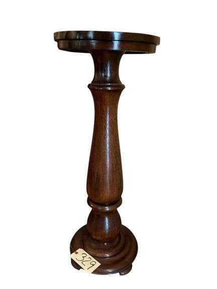TALL FAT CANDLE STAND/FERN STAND - 34" TALL - APPEARS TI BE CHERRY OR WALNUT - 13" IN DIAMETER AT TOP image