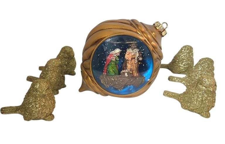 WINTER LANE HEAVY BATTERY OPERATED NATIVITY SCENE, 6 GOLD COLOR DECORATIVE CARDINALS image