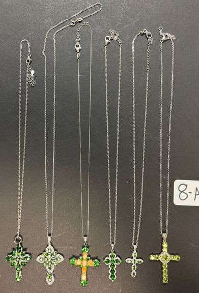 6 STERLING SILVER 925 NECKLACES & PENDANTS, GREEN EMERALD TYPE STONES - 1.49 TROY OZ OR 46.47 GRAMS INCLUDING STONES image