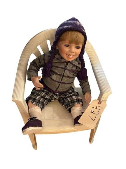 CHILD'S OUTDOOR CHAIR WITH BABY SMILEY PORCELAIN DOLL BY MARIE OSMOND image