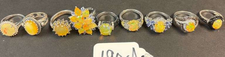 9 STERLING SILVER RINGS W/ ETHIOPIAN OPAL STONES AND OTHER STONES - 48.86 GRAMS, 1.57 TROY OZ - SIZES 5-8 image