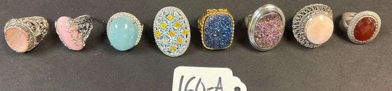8 LARGE STERLING RINGS W/ LARGE STONES, JASPER TO PINK COLORS - SIZES 6-8 - 3.3 TROY OZ, 104.14 GRAMS image