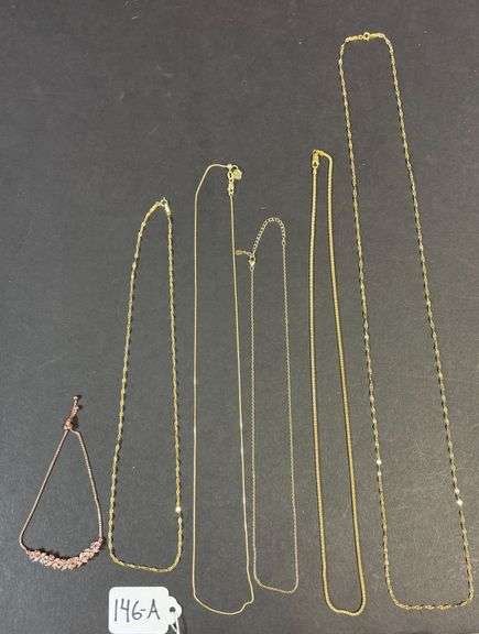 STERLING SILVER LOT, 5 NECKLACES W/ GOLD OVERLAY, 1 ROSE COLOR BOLO BRACELET W/ CZ STONES - 18.84 GRAMS, .60 TROY OZ image