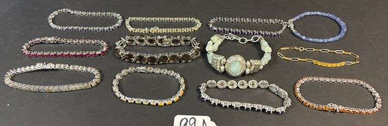 12 STERLING 925 BRACELETS, ASSORTED STYLES AND STONES, AMBERINA, RUBY RED, PURPLE AMETHYST, AMBER, JADE, OTHERS image