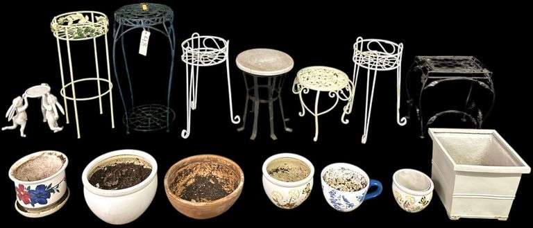 8 METALLIC PLANT STANDS W/ 7 PLANTERS image