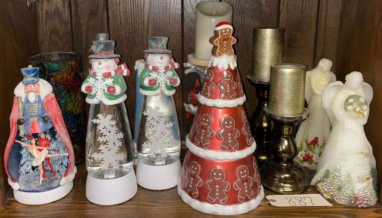 NICE HOLIDAY DECORATOR ITEMS! TWO BATTERY OP ANGLE CANDLES - REAL FEEL, TWO GOLD-TONE BASES WITH BATTERY OP CANDLES, PEDESTAL BASE WITH CARDINAL AND BATTERY CANDLE, TWO LIGHT UP SNOWMAN FIGURES, ANOTHER SNOWMAN AND A NUTCRACKER FIGURE WITH BALLERINAS image