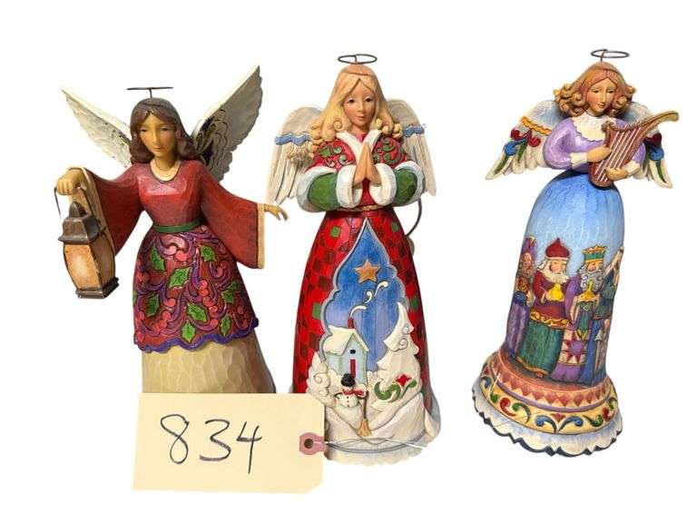 JIM SHORE: ANGEL WITH CHRISTMAS SCENE - MAY LOVE DWELL HERE FOREVER, ANGEL WITH CHRISTMAS DRESS - ALL AGLOW, ANGEL WITH HARP AND WISEMAN SCENE MUSIC BOX - ANGELS REJOICE image