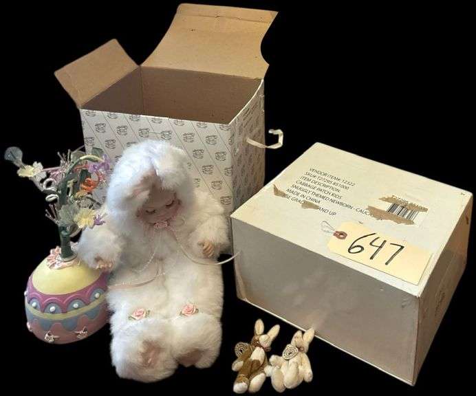HERITAGE SIGNATURE COLLECTION FUZZY BABY BUNNY DOLL WITH BOX, CABBAGE PATCH KIDS SNUGGLY THEMED NEWBORN NIB, TWO TINY BOYD'S BUNNIES image