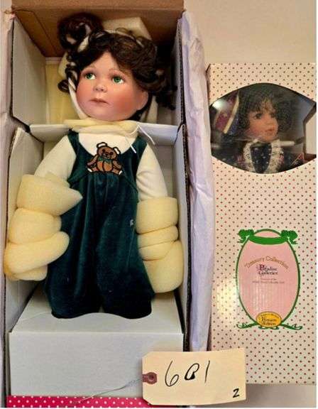 2 PORCELAIN DOLLS - PARADISE GALLERIES TREASURY COLLECTION: 18" TALL TEDDY BEAR OVERALL DOLL AND 4TH OF JULY DOLL 15" TALL image