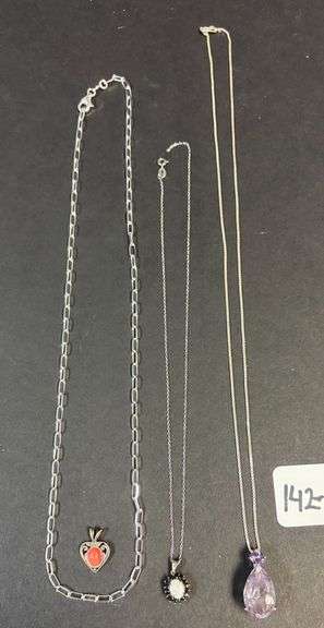 STERLING 925 SILVER 24" CHAIN NECKLACE, 925 STERLING NECKLACE W/ FRESHWATER/CULTURED PEARL FLANKED BY BLACK ONYX TYPE STONES, 925 STERLING NECKLACE W/ PENDANT ALSO 925 STERLING W/ LIGHT PURPLE AMETHYST TYPE STONE, SMALL 925 STERLING HEART SHAPED PENDANT WITH RED CORAL STONE - 22.88 GRAMS, .73 TROY OZ image