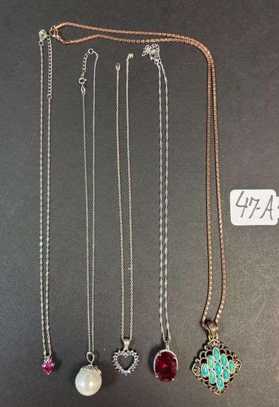 5 STERLING 925 NECKLACES W/ PENDANTS, JADE STONES, RUBY, PEARLIZED, AMETHYST HEART - 51.85 GRAMS, 1.66 TROY OZ image