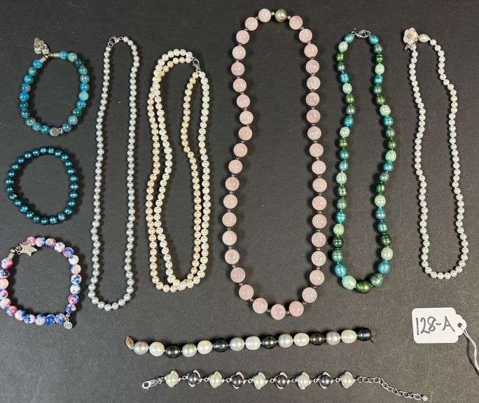 5 CULTURED/FRESHWATER PEARL TYPE NECKLACES, SOME W/ 925 STERLING CLASPS, 5 BRACELETS SOME W/ STERLING CLASPS, 1 W/ 14K CLASP image
