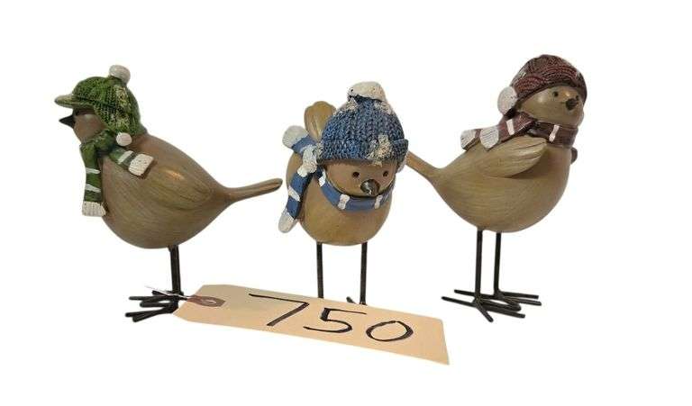 3 WOODEN WINTER BIRD FIGURINES image