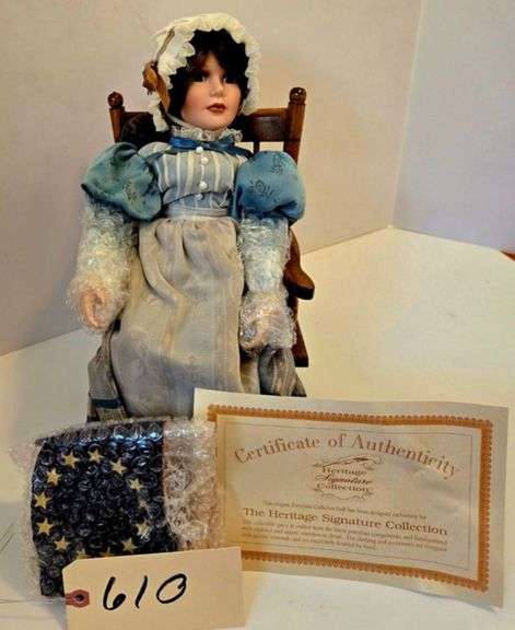 HERITAGE SIGNATURE COLLECTION 15" TALL IN WOODEN ROCKING CHAIR PORCELAIN DOLL "BETSY ROSS" W/ ACCESSORIES image
