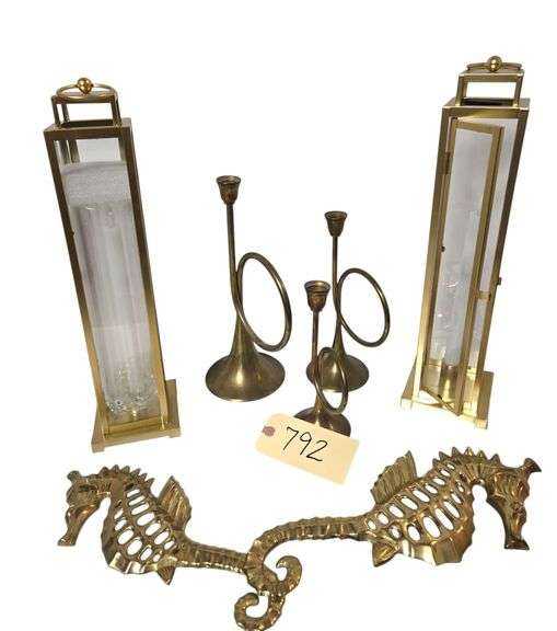 BRASS AND BRASS-TONE ITEMS: 2 TALL CANDLEHOLDERS, 2 SEAHORSES, 3 BRASS CANDLEHOLDERS image