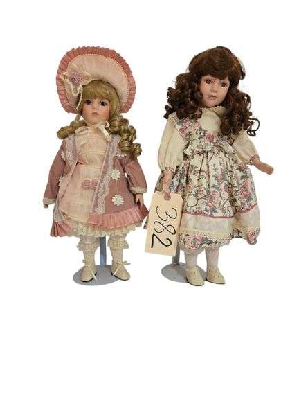 PORCELAIN DOLL W/ ROSE MARKING APPROX. 16” TALL, UNMARKED PORCELAIN DOLL APPROX. 18” TALL image