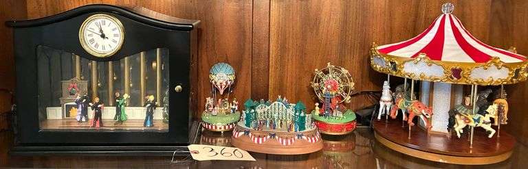 MR. CHRISTMAS BALLROOM DANCERS ANIMATED CLOCK - WITH ELECTRIC CAROUSEL AND 3 INTERNATIONAL RESOURCING VERY DETAILED MUSIC BOXES DEPICTING FAIR RIDES image