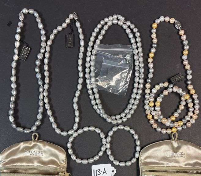 HONORA COLLECTION, FRESHWATER TYPE PEARL NECKLACES AND BRACELETS - 3 SILVER TONE NECKLACES AND 2 BRACELETS, MATCHING EARRINGS, 1 MULTICOLOR PEARL TYPE NECKLACE AND BRACELETS, 2 HONORA BAGS image