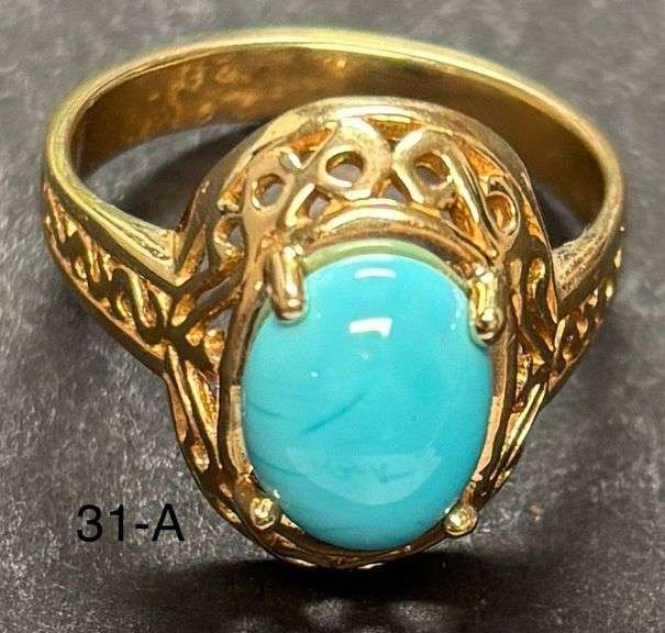 MARKED 14K GOLD FILIGREE STYLE RING W/ BLUE STONE - 5.33 GRAMS TOTAL WEIGHT INCLUDING STONE image