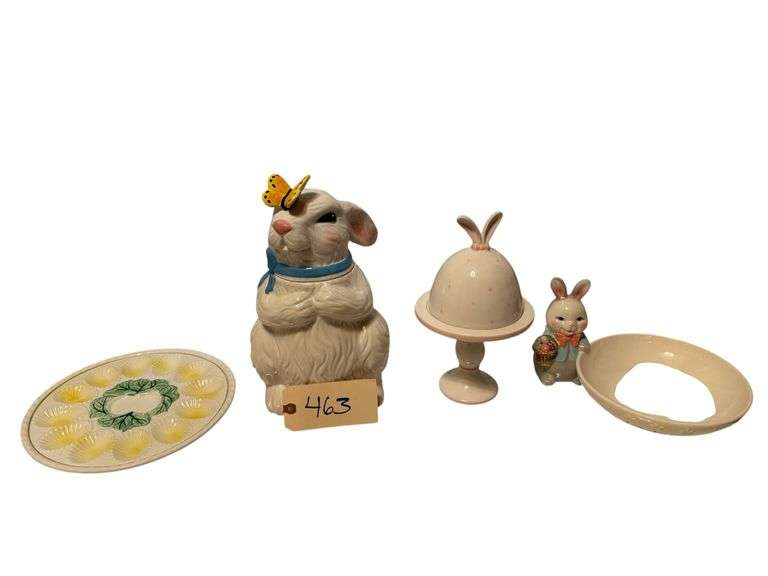 EGG TRAY FOR 12 EGGS, OTIS SPUNKMEYER BUNNY COOKIE JAR, CUPCAKE STAND WITH BUNNY EARS, BOWL WITH ATTACHED EASTER BUNNY image