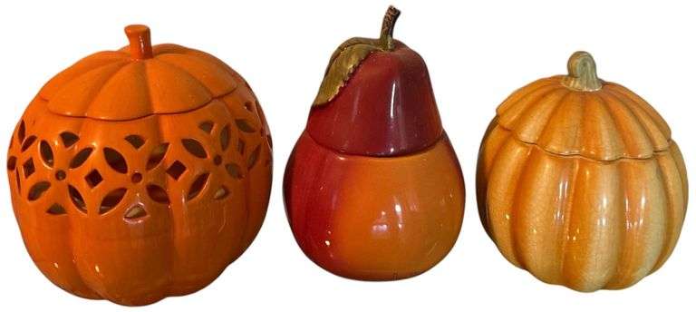 THREE FALL DECOR PIECES: LIDDED PUMPKINS, PEAR image