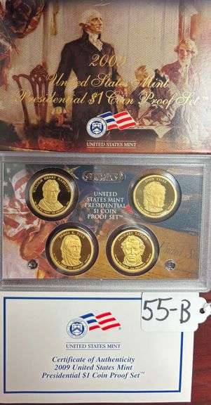 2009 UNITED STATES MINT PRESIDENTIAL $1 COIN PROOF SET IN BOX WITH COA - MONROE, HARRISON, TYLER, POLK, TAYLOR image