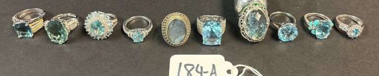 10 STERLING SILVER RINGS, MOST SKY BLUE TOPAZ AND OTHER STONES - 67.51 GRAMS, 2.17 TROY OZ - SIZES FROM 5 TO 7 image