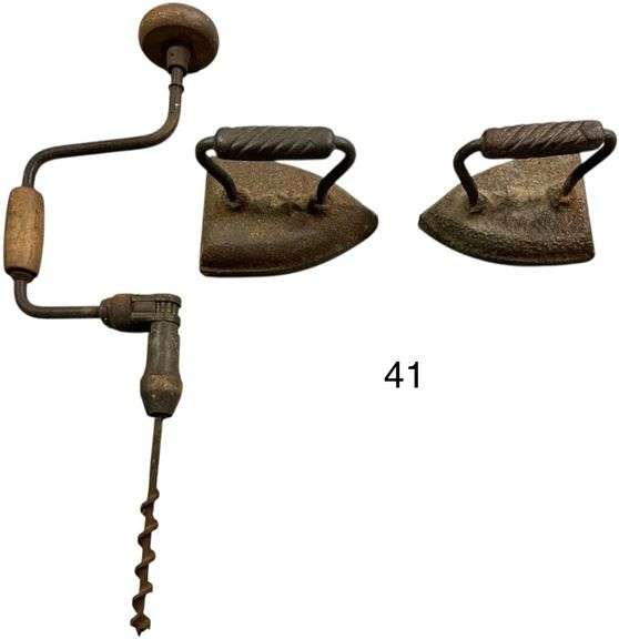 2 ANTIQUE CAST IRON SAD IRONS, VINTAGE MANUAL HAND DRILL image
