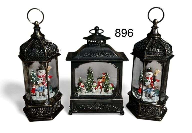 THREE BRONZE TONE LIGHT UP BATTERY OP LANTERN STYLE SNOW GLOBES (OLD COUNTRY STORE STYLE) image