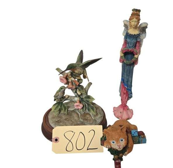 TALL ANGEL FIGURINE (NO MARKINGS), STOCKING HANGER, ANDREA BIRD FIGURE ON WOODEN STAND image