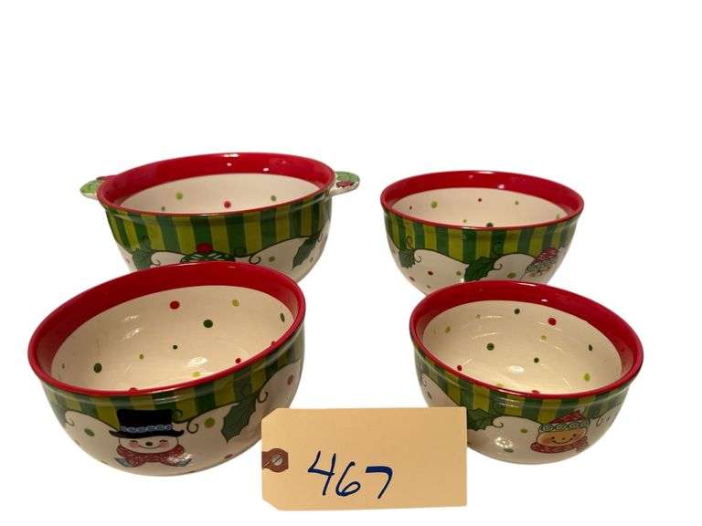 SET OF 4 NESTING TEMP-TATIONS WINTER WHIMSY CERAMIC BOWLS: .5 QT, 1.8 QT, 2.0 QT, 3.0 QT image