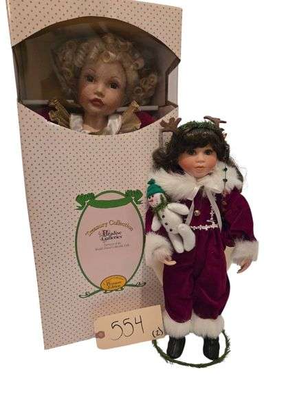 2 PORCELAIN PARADISE GALLERIES CHRISTMAS DOLLS - 1 APPROX. 14”, 1 APPROX. 20”; ROBIN WOODS PORCELAIN CHRISTMAS DOLL image