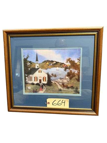FRAMED PRINT OF RURAL FOLK ART SCENE BY LINDA NELSON STOCKS 1992 - CHURCH BY THE SEA image