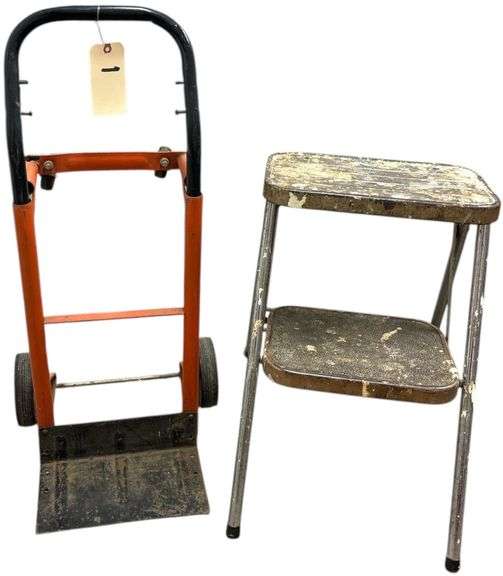 METAL 2-WHEEL MULTIPURPOSE HAND TRUCK, ALUMINUM 2-STEP STEP STOOL image