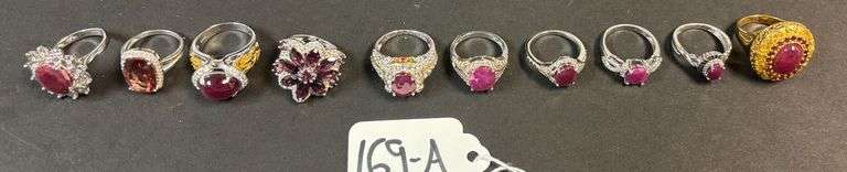 10 STERLING SILVER RINGS W/ RUBELITE, TOURMALINE AND OTHER PINK TO RED STONES - 1.74 TROY OZ, 54.37 GRAMS INCLUDING STONES - SIZES RANGE FROM 6-7 image