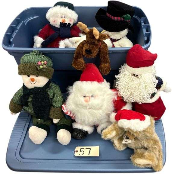 8 LARGER PLUSH/STUFFED CHRISTMAS FIGURES AS SHOWN PLUS LARGE BLUE STORAGE TOTE AND LID image