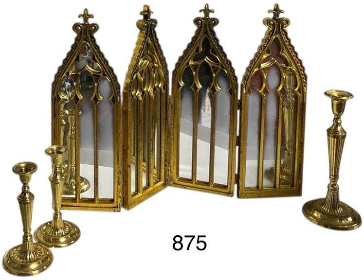 LOT OF HEAVY BRASS-TONE ITEMS TO INCLUDE 4 SECTION FOLDING MIRROR (17.5 INCHES TALL), 3 CANDLESTICKS (TWO BOXES OF CANDLES ALSO INCLUDED - ONE TAPER STYLE, ONE VOTIVE) image
