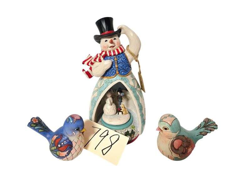 THREE JIM SHORE FIGURINES: LARGE SNOWMAN 'ALIVE WITH JOY' AND TWO JIM SHORE BIRDS: 'BRIGHT SKIES AHEAD' AND 'BLUEBIRD OF HAPPINESS' image