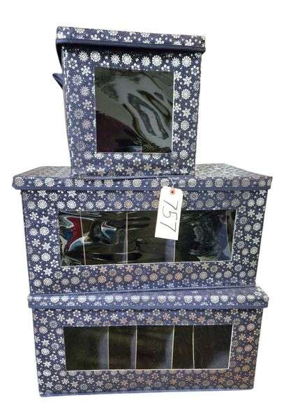 3 NAVY BLUE DECORATION STORAGE BOXES W/ SILVER COLOR SNOWFLAKES image