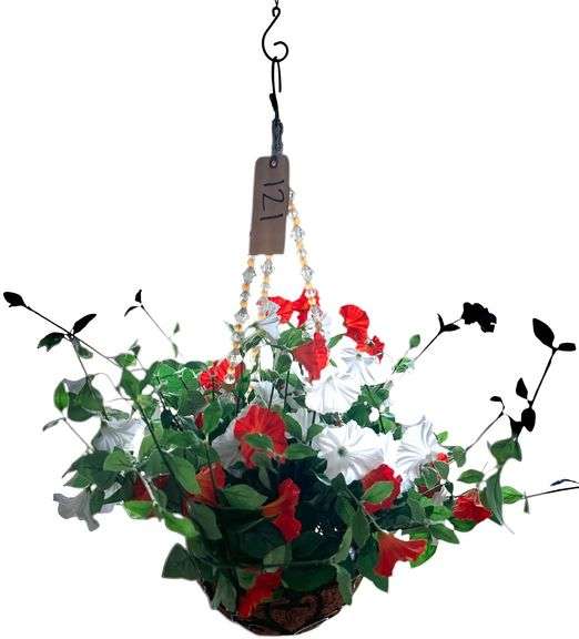 HANGING PLANTER WITH BEAD DETAIL AND ARTIFICIAL FLOWERS image