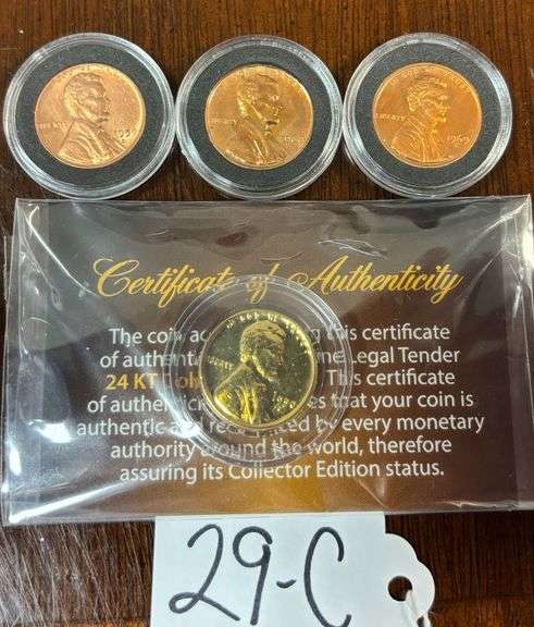 UNITED STATES LINCOLN CENTS, 1 1950 GOLD PLATED W/ COA, 1959-D (FIRST YEAR OF LINCOLN MEMORIAL ON REVERSE), 1960, 1969-S, ALL SEEM TO BE UNCIRCULATED image