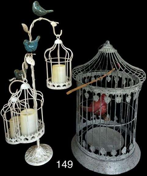 METAL BIRDCAGE WITH CARDINAL PLUS FOOTED WHITE METAL STAND WITH BLUEBIRDS AND CAGES image