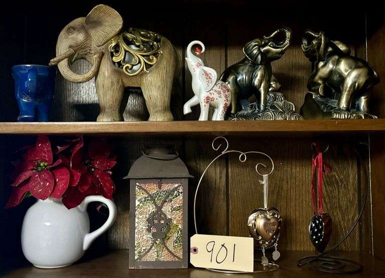 CONTENTS OF TWO SHELVES - DECORATIVE ELEPHANTS, ORNAMENT HANGERS, DECORATIVE LANTERN, ETC. image