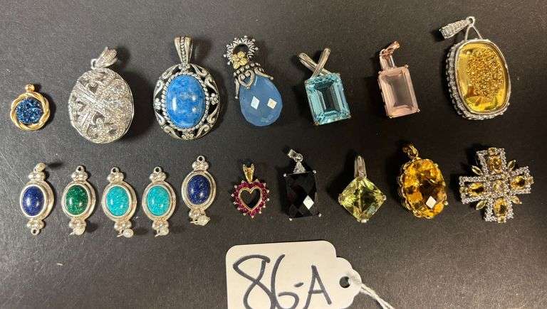 17 ASSORTED PENDANTS, MOSTLY STERLING 925, SEVERAL ASSORTED STONE COLORS - 78.71 GRAMS, 2.53 TROY OZ TOTAL WITH STONES image
