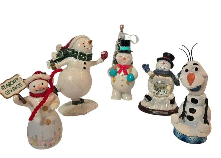5 SNOWMAN FIGURINES: HALLMARK SEASON’S GIVING, THOMAS KINCADE SNOWGLOBE “SNO MUCH FUN”, WALT DISNEY OLAF, 2 OTHERS image